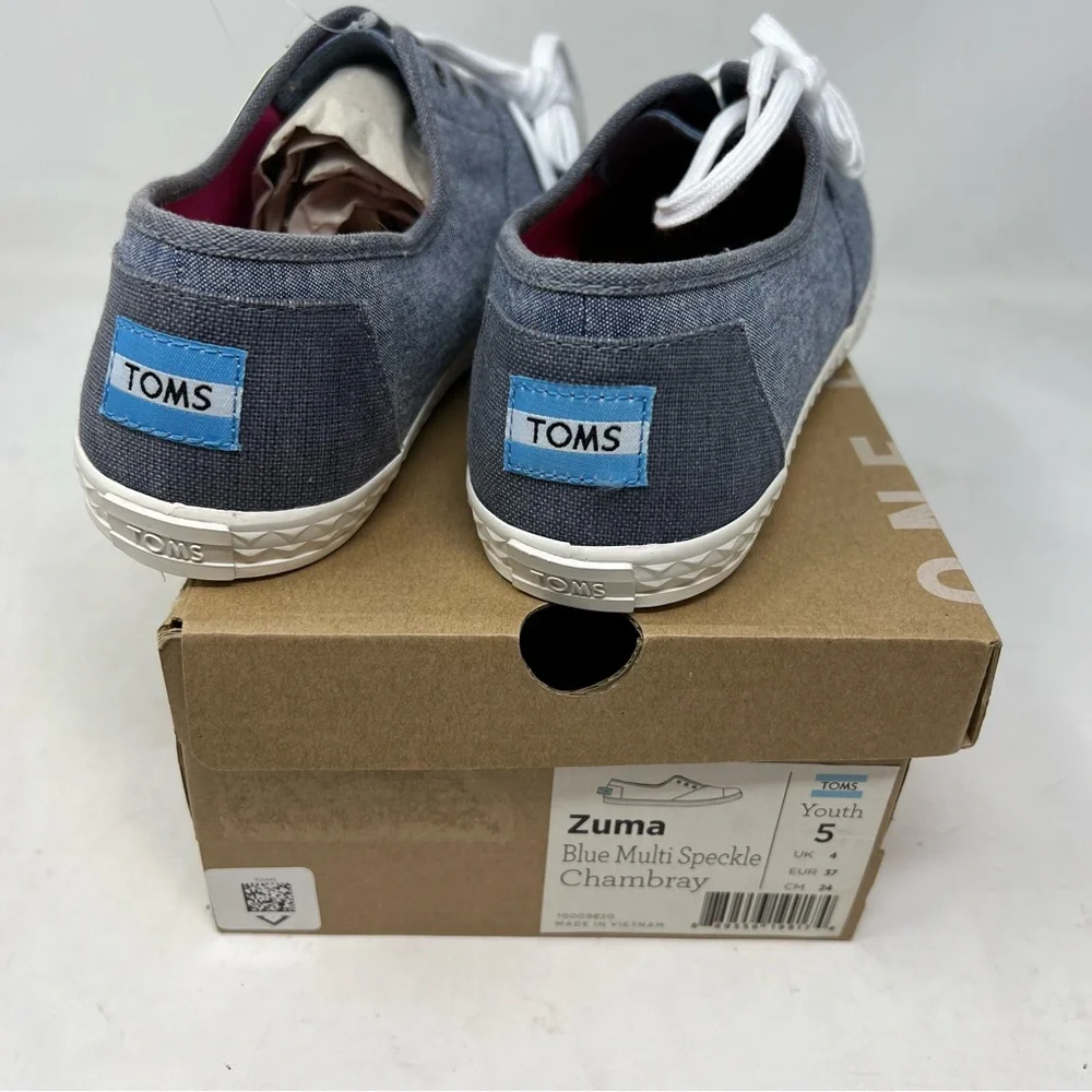 TOMS Zuma Youth 5 Blue Speckled Chambray Lace Up Sneakers New in Box